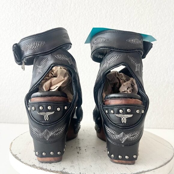 Lane Boots LEXINGTON Womens Black Wedges 8.5 Western Sandals Cowgirl Wooden Heel - Picture 3 of 11